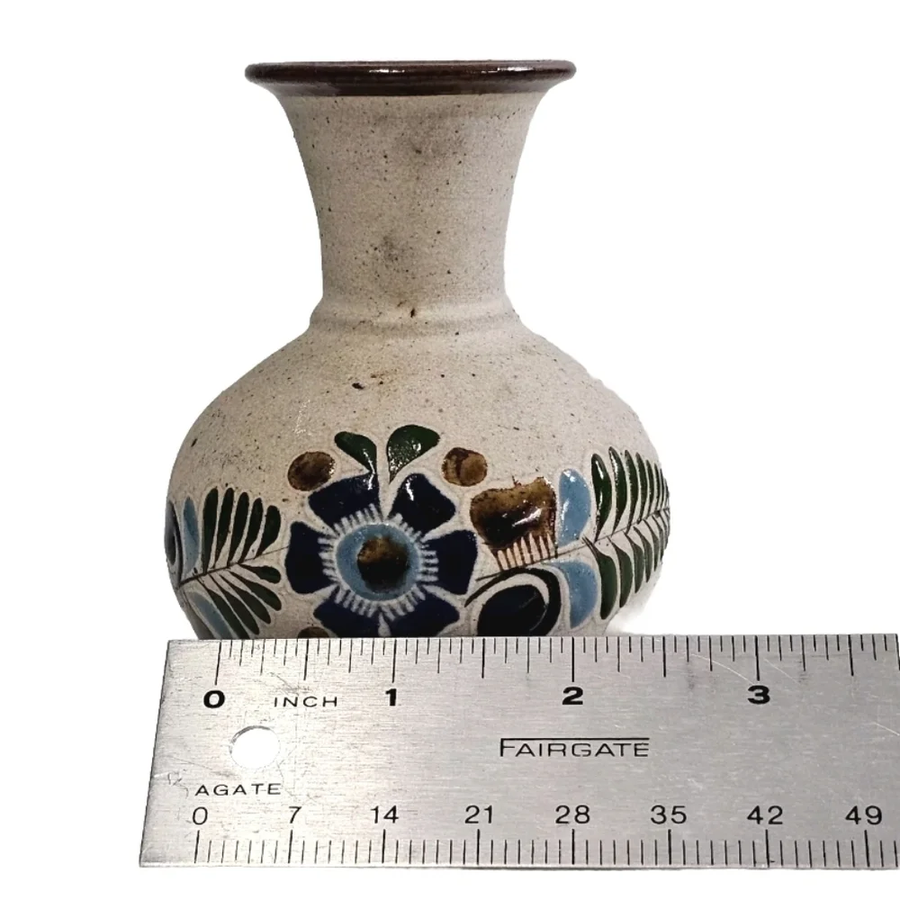 Collectible Mexican Tonala Brown Hand Painted Pottery Vase Floral Design